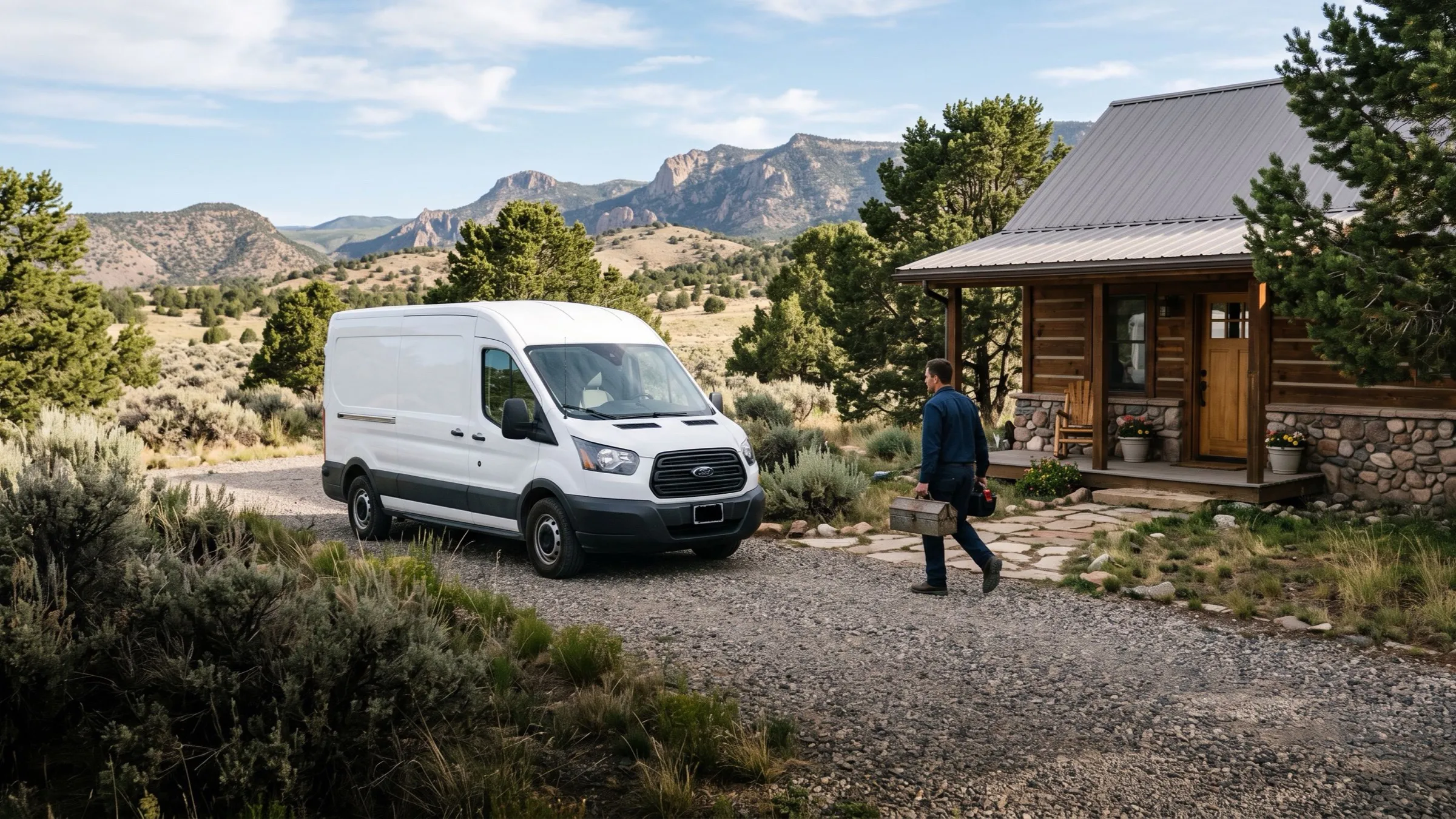 A plumbing service van in the driveway of a ranch house, a plumber carrying a toolbox to the door