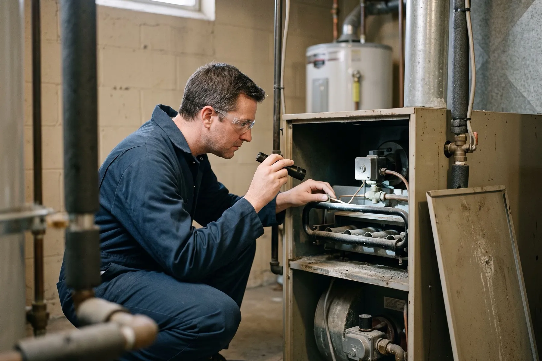 A technician checking the burners of a gas furnace
