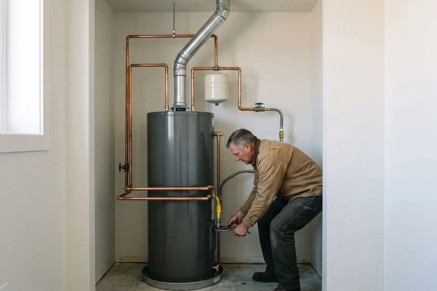 A new water heater in a clean utility closet